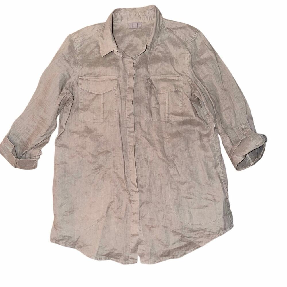 J. Jill tan 100% ramie button front small camp shirt lagenlook classic coastal
